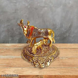 Gold-finished brass Kamdhenu cow and calf statue, Indian home decor gift item for Diwali