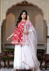 Red printed rayon kurta set with dupatta and bottomwear, featuring three-quarter sleeves and pack of 3 sizes: XS, S, M, L, XL, XXL