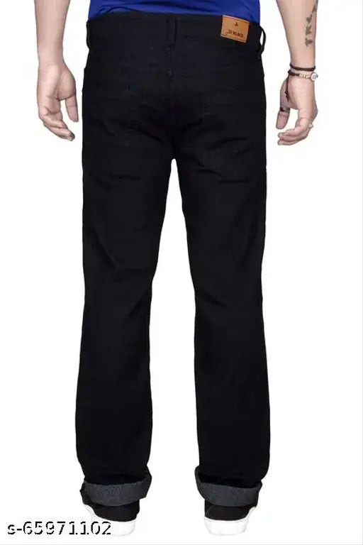Men's black cotton regular fit jeans, solid pattern, stretchable for sizes 28-50, India origin