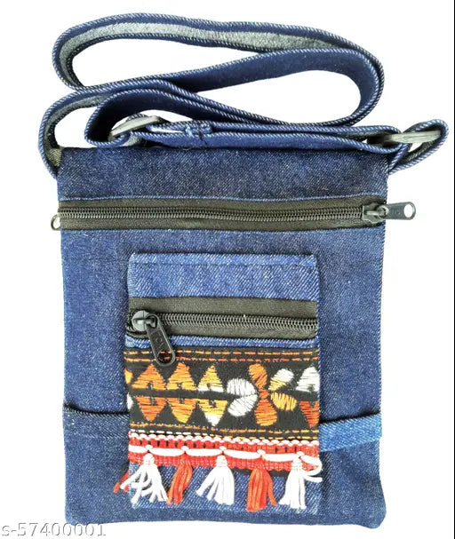 Denim crossbody 2-fold sling messenger bag, free size (8.5x7), durable fabric, 4 compartments, embroidered patchwork