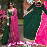 Green Georgette Maxi Gown with mirror work & stone detail, pink digital print dupatta - Indian fashion for casual dressing