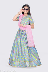 Striped cotton blend embellished girls Lehenga Choli and Dupatta set, ideal for birthdays, weddings, Diwali, Eid, and Christmas. Net Quantity: 1, Sizes: 12-8 years. Indian ethnic party wear for festivals, custom orders available