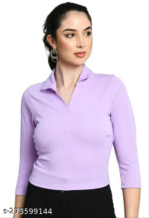 Cotton blend solid collared t-shirt, three-quarter sleeves by ALLE MODA, women's casual fashion, size S (34in bust, 18in length)