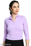 Cotton blend solid collared t-shirt, three-quarter sleeves by ALLE MODA, women's casual fashion, size S (34in bust, 18in length)