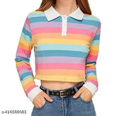 Rainbow striped, long-sleeve cropped pullover for women in multicolor tie and dye crop top, perfect for teen girls. Lycra fabric, sizes S, M, L, XL (42in/18in, 36in/17in, 38in/17in, 40in/18in). Western wear, casual clothing
