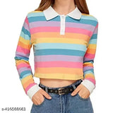 Rainbow striped, long-sleeve cropped pullover for women in multicolor tie and dye crop top, perfect for teen girls. Lycra fabric, sizes S, M, L, XL (42in/18in, 36in/17in, 38in/17in, 40in/18in). Western wear, casual clothing