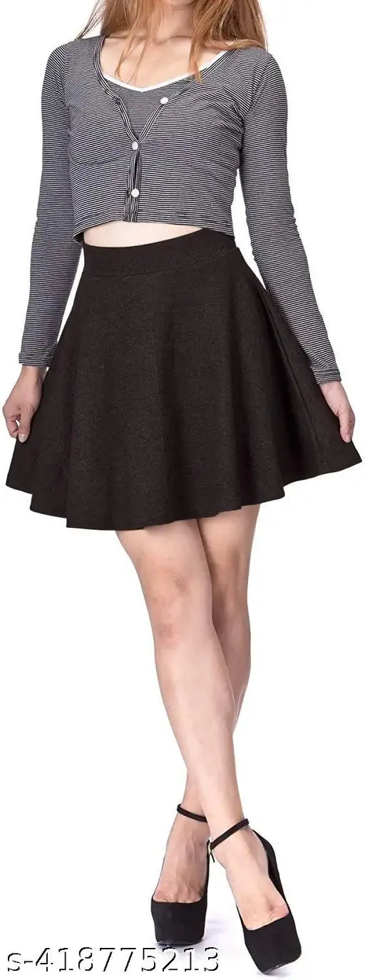 Black cotton blend high waist flared skater mini skirt for women, trendy and fashionable with elastic waistband