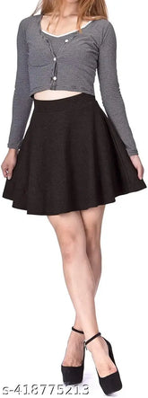 Black cotton blend high waist flared skater mini skirt for women, trendy and fashionable with elastic waistband