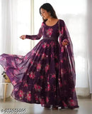 Flower print georgette long gown with dupatta and belt, printed net, no bottomwear. Maxi dress on mannequin