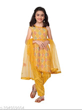 Cotton ethnic girls' top set with dupatta (4-14 years), printed straight knee-length dhoti pants and sleeveless design, Indian origin