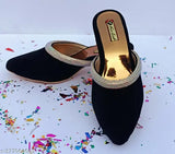 Velvet embellished ballerinas with diamond block heels, open back design, luxurious India-made women's sandals