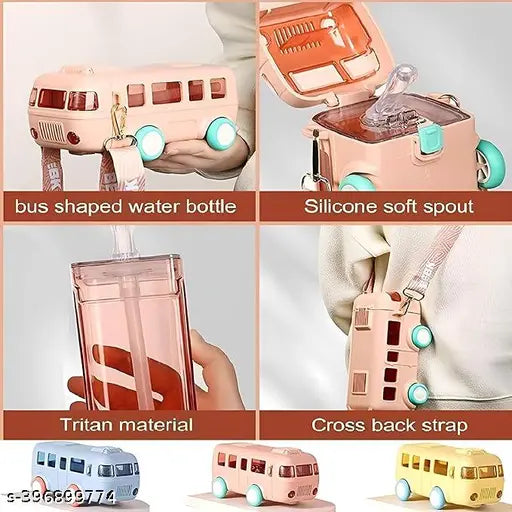 Pink plastic portable bus-shaped water bottle with movable wheels, reusable for kids' sports, school, and home, 500ml capacity, leakproof design, adjustable shoulder strap