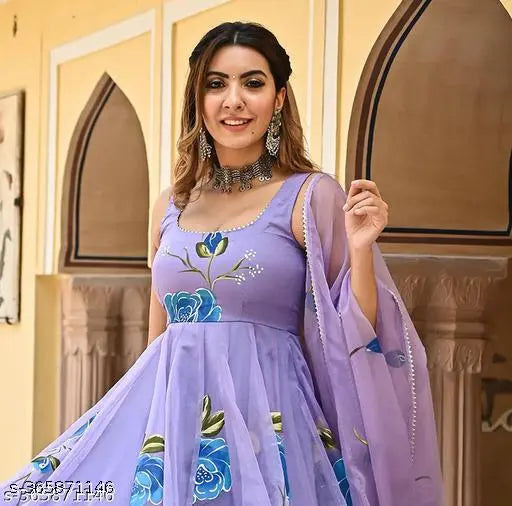 Sleeveless printed georgette anarkali gown, vibrant Indian fashion in size S-XXL