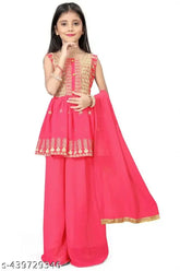 Embroidery jari work crepe anarkali kurta set with palazzos & dupatta, Indian children's clothing for 4-14 years