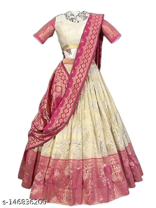 Traditional art silk lehenga-choli set with embroidered motifs, unstitched for customization. Indian designer collection, featuring Lichi Silk and Banarasi Silk fabrics. Length: Lehenga 3m, Blouse 0.8m, Dupatta 2.25m