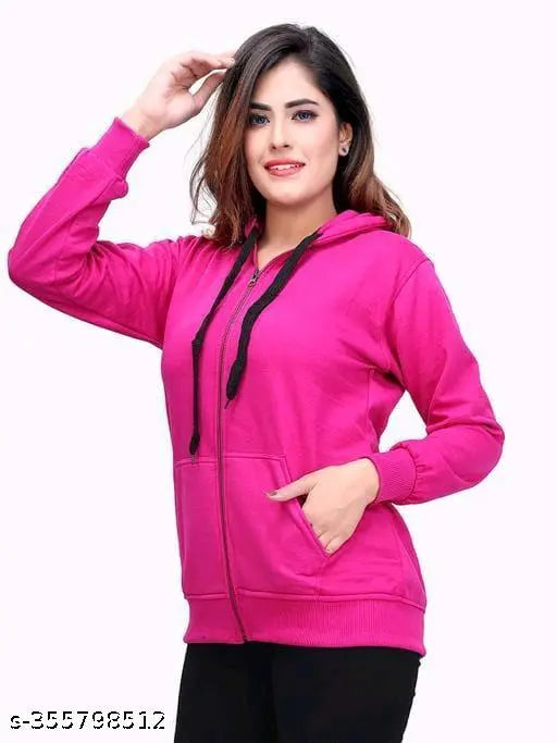 Pink women's fleece hoody jacket, solid design in winter wear, long sleeves and M size (28in bust, 24in length)