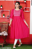 Rayon Anarkali kurtis with embroidery, printed combo, three-quarter sleeves. S: Bust 36in, Length 44in