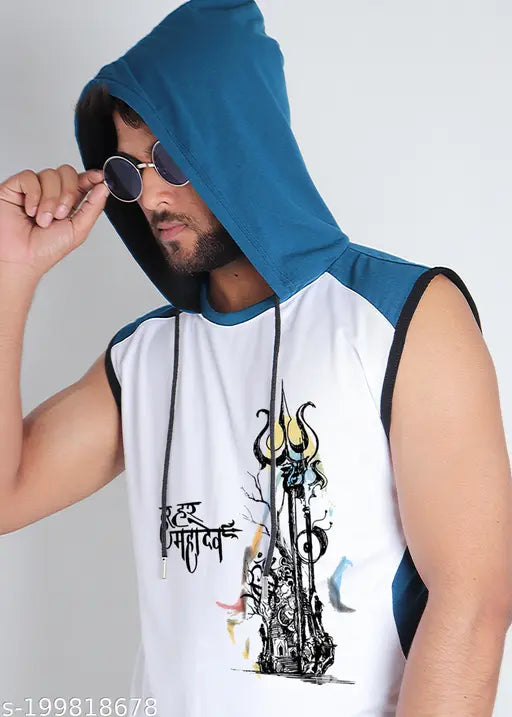 Shiv Trishul Polycotton sleeveless t-shirt, printed net design in round neck style, ideal casual wear