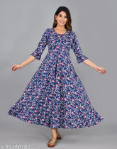 Blue Rayon A-Line Round Neck Bell Sleeves Printed Kurta, Indian ethnic wear for women