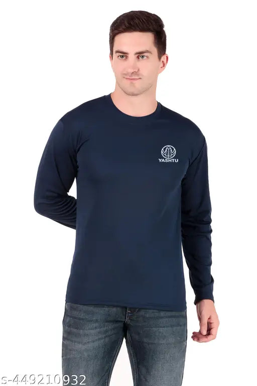Blue solid round neck Yashtu men's polyester blend t-shirt with full sleeves