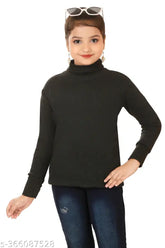 Black cotton blend highneck sweater for girls, solid design suitable for cold climates