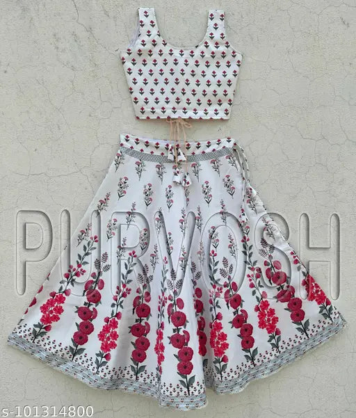 Sleeveless, floral-printed art silk kid's lehenga set with side zipper, 6-14 years. Indian-made, ready to wear