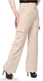 Premium cotton wide leg 4 pocket cargo trousers, relaxed fit with insert pockets - Solid color, versatile & trendy women's style