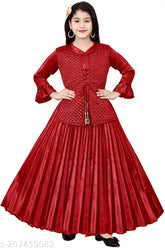 Silk three-quarter sleeve printed net ethnic gown for girls (India), size 7-8 (28in bust, 36in length), Indian festive wear on display