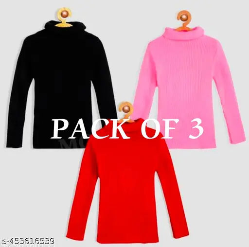 Red and black wool skivy set in solid patterns for children, featuring high neck design. Sizes range from 3-12 months to 7-8 years. Made in India