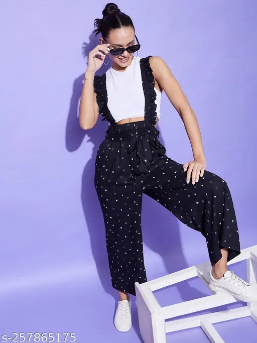 Black rayon quirky strapless jumpsuit, heart print pinafore style, women's size M-XXL (India origin)