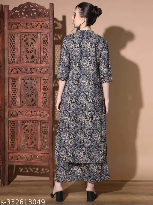 Blue Kalamkari Print Cotton CoOrd Set, Indian traditional kalamkari design on soft cotton fabric, Mandarin collar, three-quarter sleeves, knee-length top with roll-up sleeves, palazzo bottoms with practical pocket