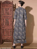 Blue Kalamkari Print Cotton CoOrd Set, Indian traditional kalamkari design on soft cotton fabric, Mandarin collar, three-quarter sleeves, knee-length top with roll-up sleeves, palazzo bottoms with practical pocket