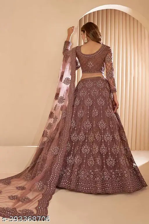 Stylish semi-stitched net Lehenga Choli with chain embroidery & dupatta, free size, 42m waist, 42m length, 2.05m long