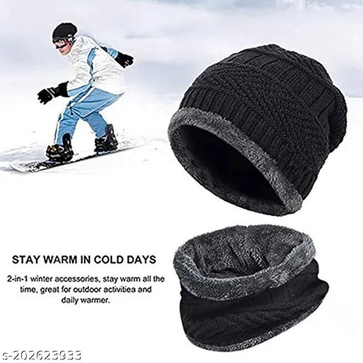 Multicolor wool skull cap & scarf set, thick fleece-lined for max warmth, ideal winter gear