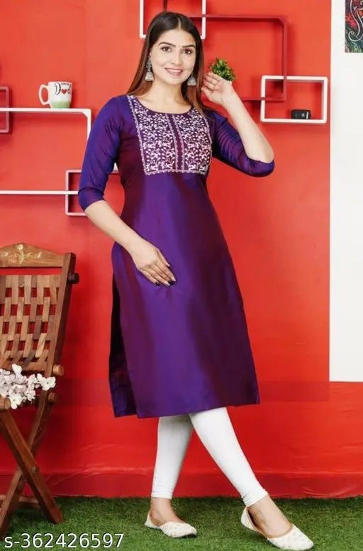 Purple embroidered art silk kurti, three-quarter sleeves, women's traditional Indian clothing