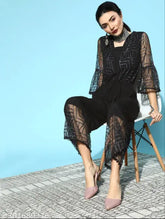Black Zari Printed Net Fabric V-Neck Jumpsuit with Three-Quarter Sleeves, embellished net jumpsuit from HN Trends, ankle length and machine washable, made in India