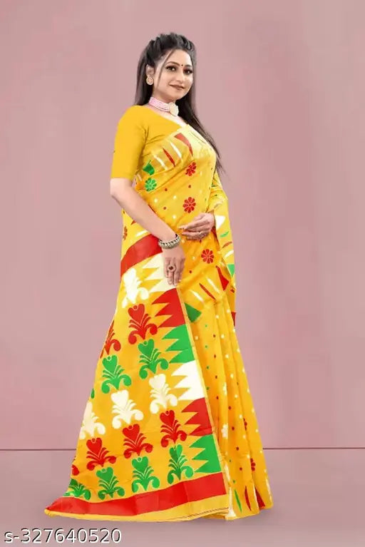 Trending yellow spun Jamdani cotton saree with Jequarard design, soft and lightweight, suitable for casual, wedding, party & festive occasions. Durja Pooja Temple Border design, cotton fabric, without blouse