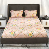 Pink abstract cotton king flat bedsheet, superfine floral print, 2 pillow covers included for summer use. Made in India." (107 characters)