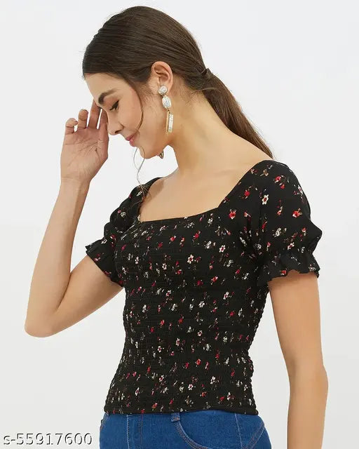 Harpa black floral print puff short sleeve top, polyester, square neck