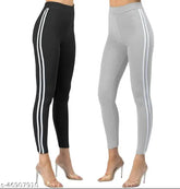 Women's sports fitness cotton ribbed 4-way stretched tight jeggings combo pack of 2 - Ankle length, free size (Comfort 26-34 inches waist)