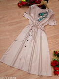 Designer beige slub cotton printed Anarkali kurti, half-sleeve, half-zip, rayon, low price - daily wear, party wear