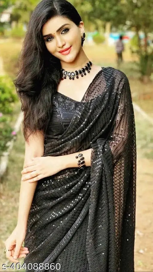 Georgette Bollywood sequin saree with embellished satin running blouse, free size, India origin