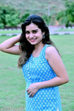 Blue rayon sleeveless Sakha Creation kurta with printed design and round neck, straight silhouette on display