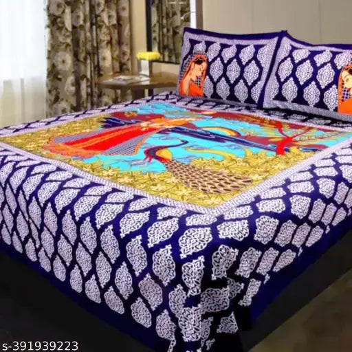 Rajasthani jaipuri cotton double bed bedsheet & 2 pillow covers, superfine quality, vibrant multicolor, ideal for adult summer sleep