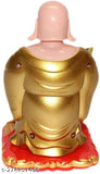 Golden plastic Laughing Buddha with waving fan, moving head for health, wealth & prosperity - Decorative home ornament from India