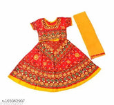 Red rayon lehenga choli set with cotton dupatta for kids, embellished with ethnic motifs, perfect for festivals like Navratri, Diwali, or New Year parties. Made in India