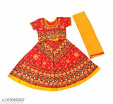 Red rayon lehenga choli set with cotton dupatta for kids, embellished with ethnic motifs, perfect for festivals like Navratri, Diwali, or New Year parties. Made in India
