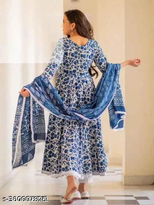 Rayon Anarkali set with pant and dupatta, printed three-quarter sleeves, Indian fashion for women