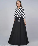 Striped crepe long maxi dress with rose print, round neck and belt, party wear for girls 14-15 years old, Aarya Designer collection