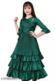 Green silk blend flared maxi dress with ruffles, embroidery, and digital floral print
